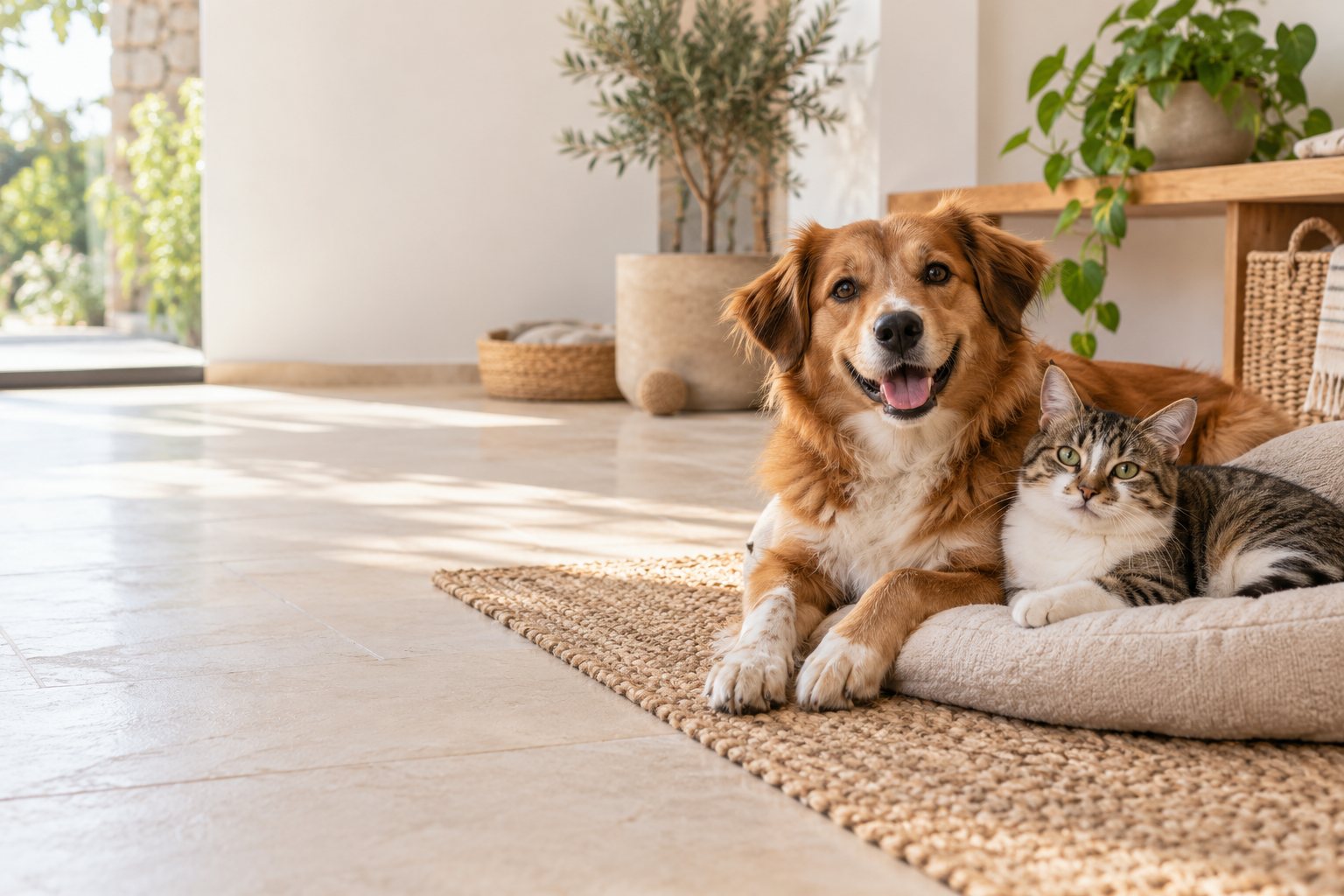 Cão e gato num espaço de cuidados acolhedor